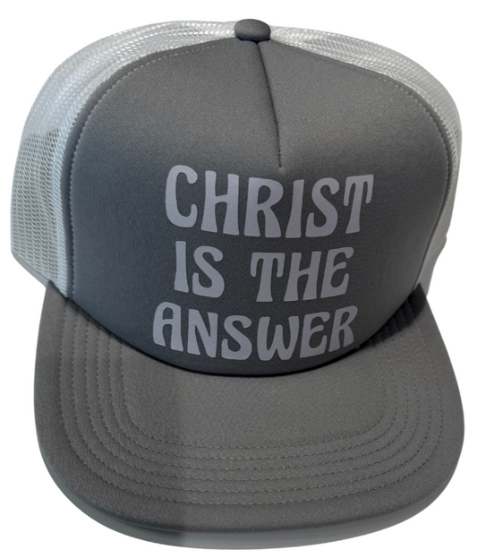 Gray trucker hat with 'Christ is the Answer' text on a white background