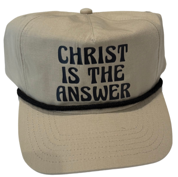Beige cap with 'Christ is the Answer' text on a white background