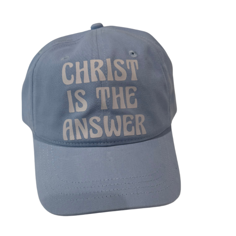 Blue cap with 'CHRIST IS THE ANSWER' text on a white background